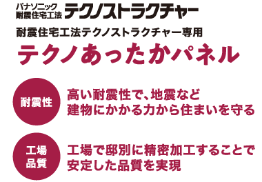 パナソニック耐震住宅工法 テクノストラクチャー 耐震住宅工法テクノストラクチャー専用　テクノあったかパネル　耐震性　高い耐震性で、地震など建物にかかる力から住まいを守る　工場品質　工場で邸別に精密加工することで安定した品質を実現